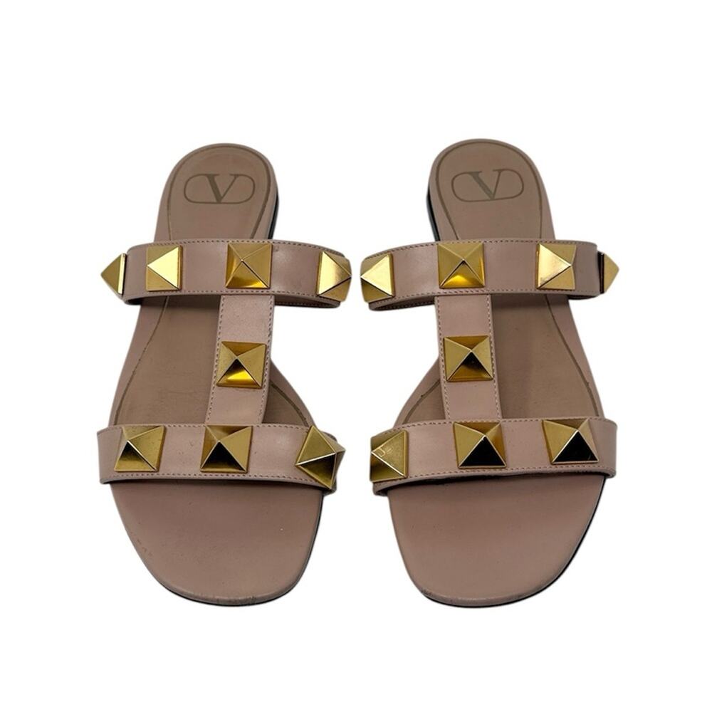 Valentino Garavani Roman Stud Flat Slide Neutral Nude Beige Sandals Size 37